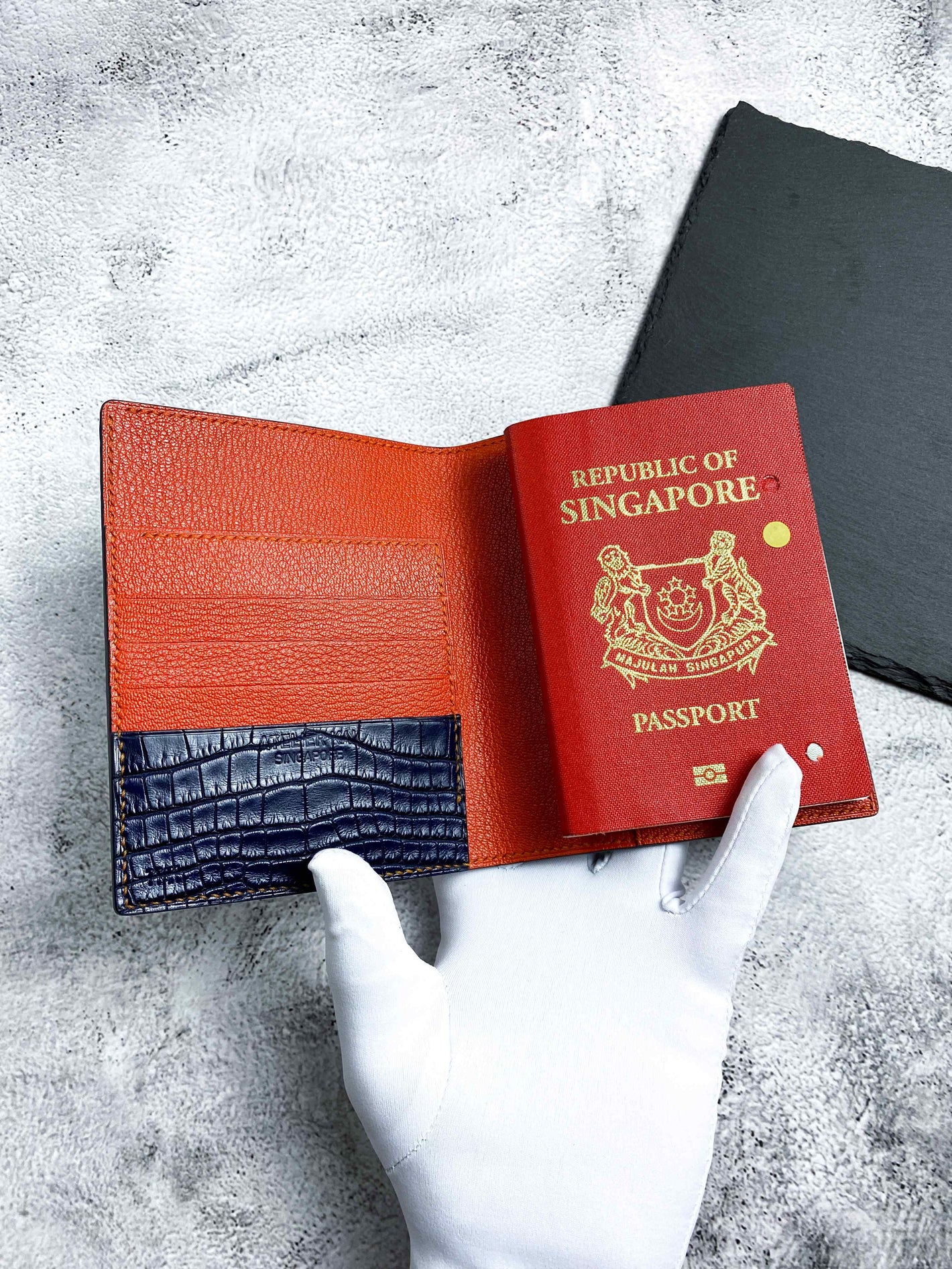 Handmade Dark Japanese Royal Blue Alligator Passport Holder / Wallet with Flame Orange Chevre