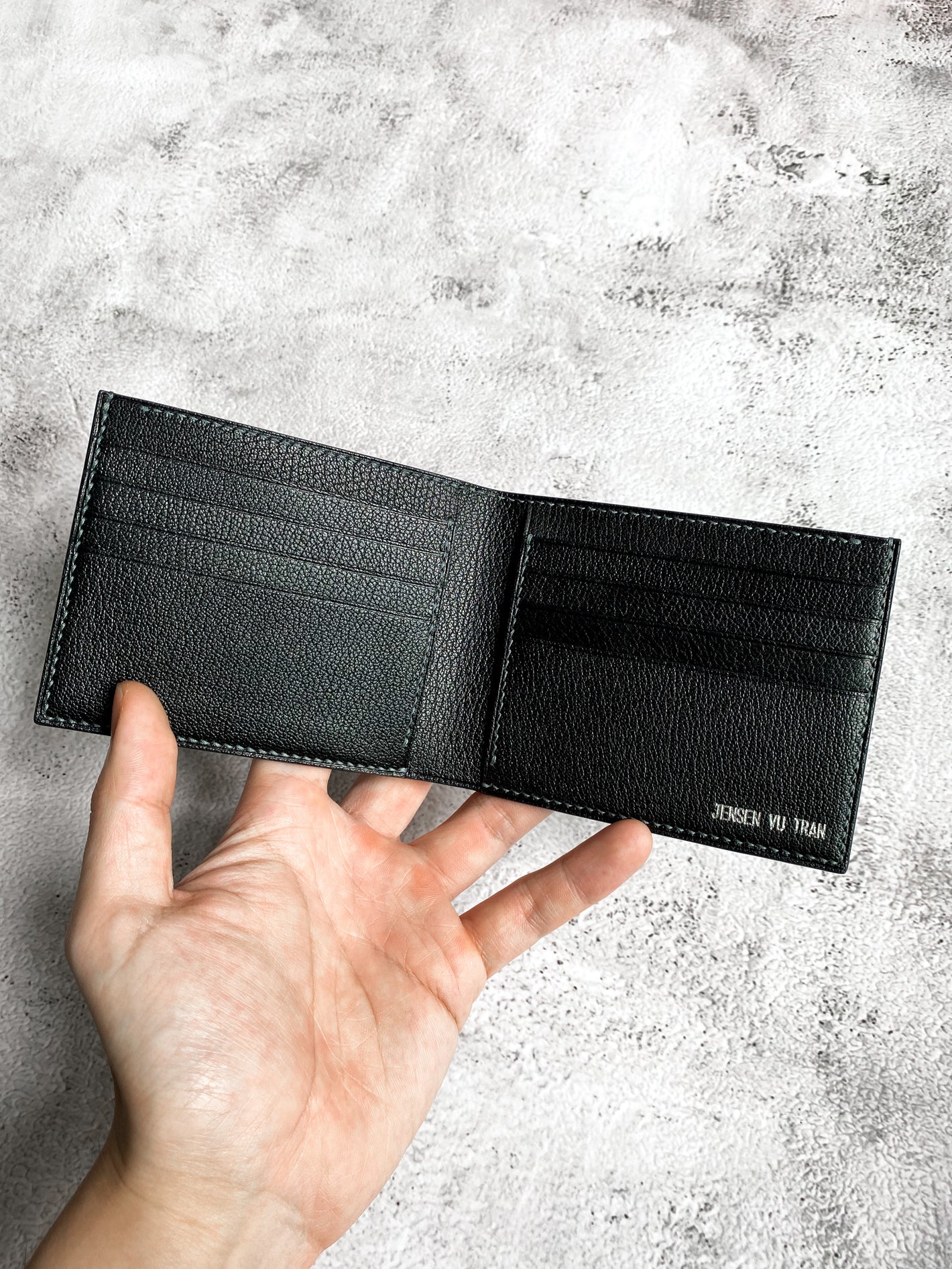 Handmade Epi Leather Credit Card Wallet. Dark Green Leather 
