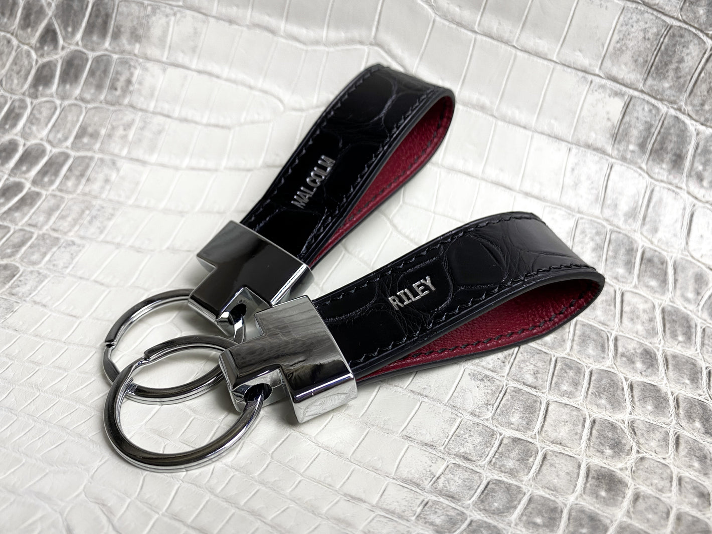 Handmade Black Crocodile Keychain with Dark Red Chevre