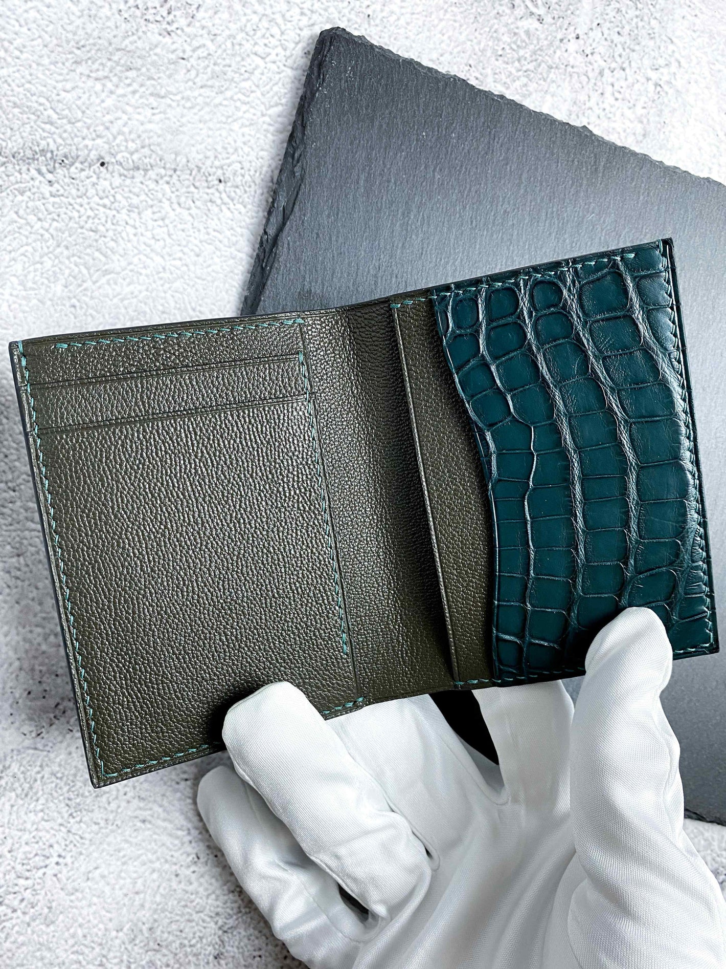 Handmade Cypress Dark Green Alligator Vertical Bifold Wallet with Terre Brulee Chevre lining