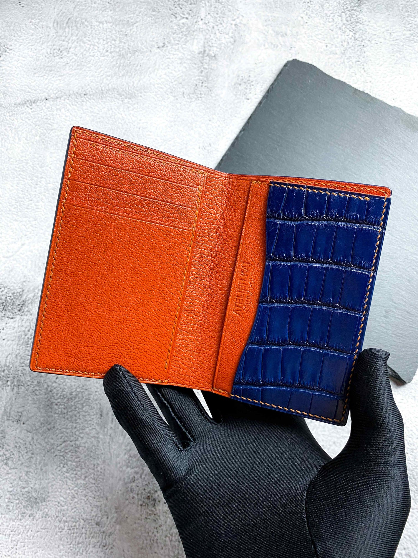 Handmade Royal Blue Alligator Leather Wallet with Flame Orange Chèvre Lining