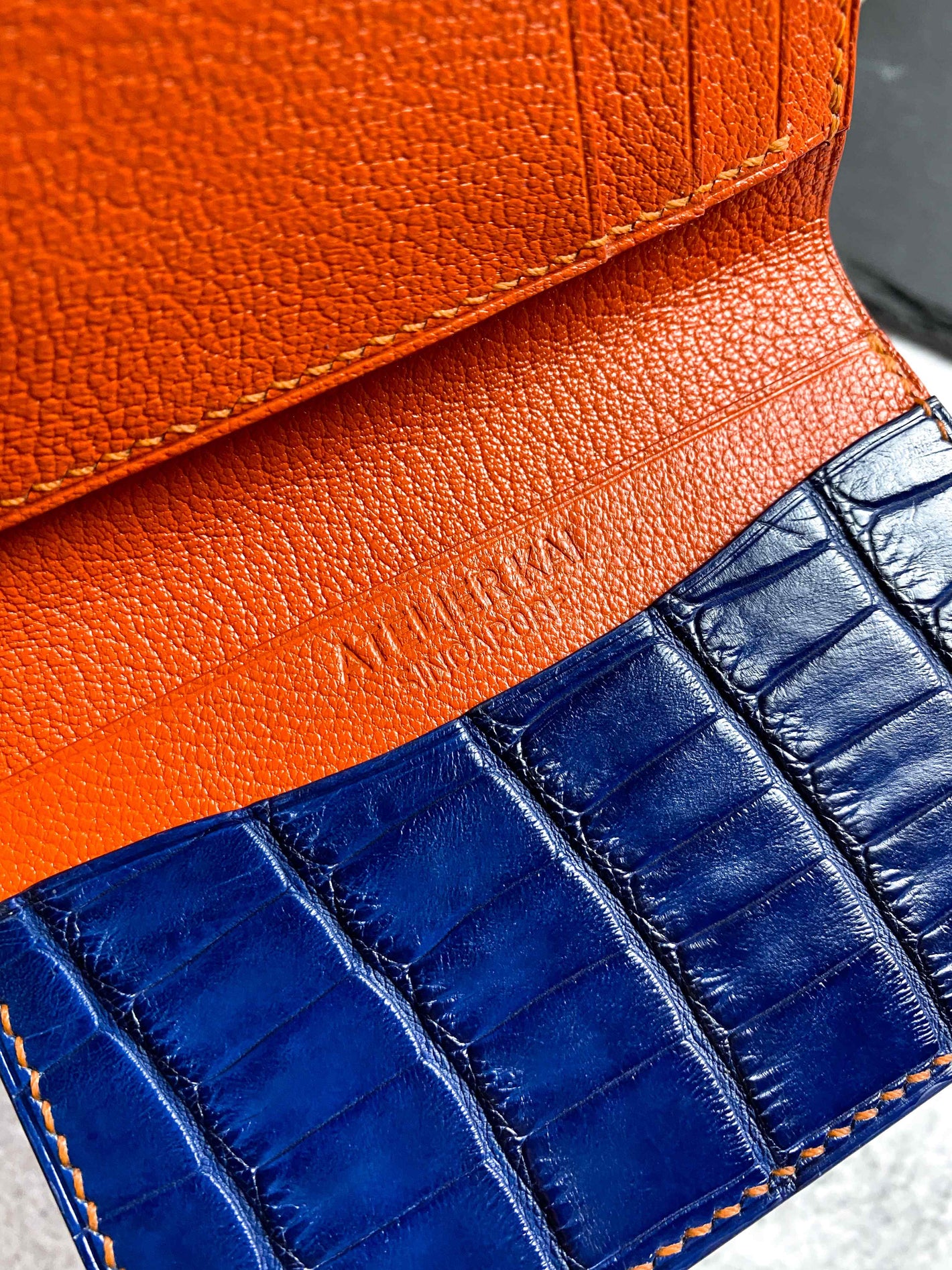 Handmade Royal Blue Alligator Leather Wallet with Flame Orange Chèvre Lining