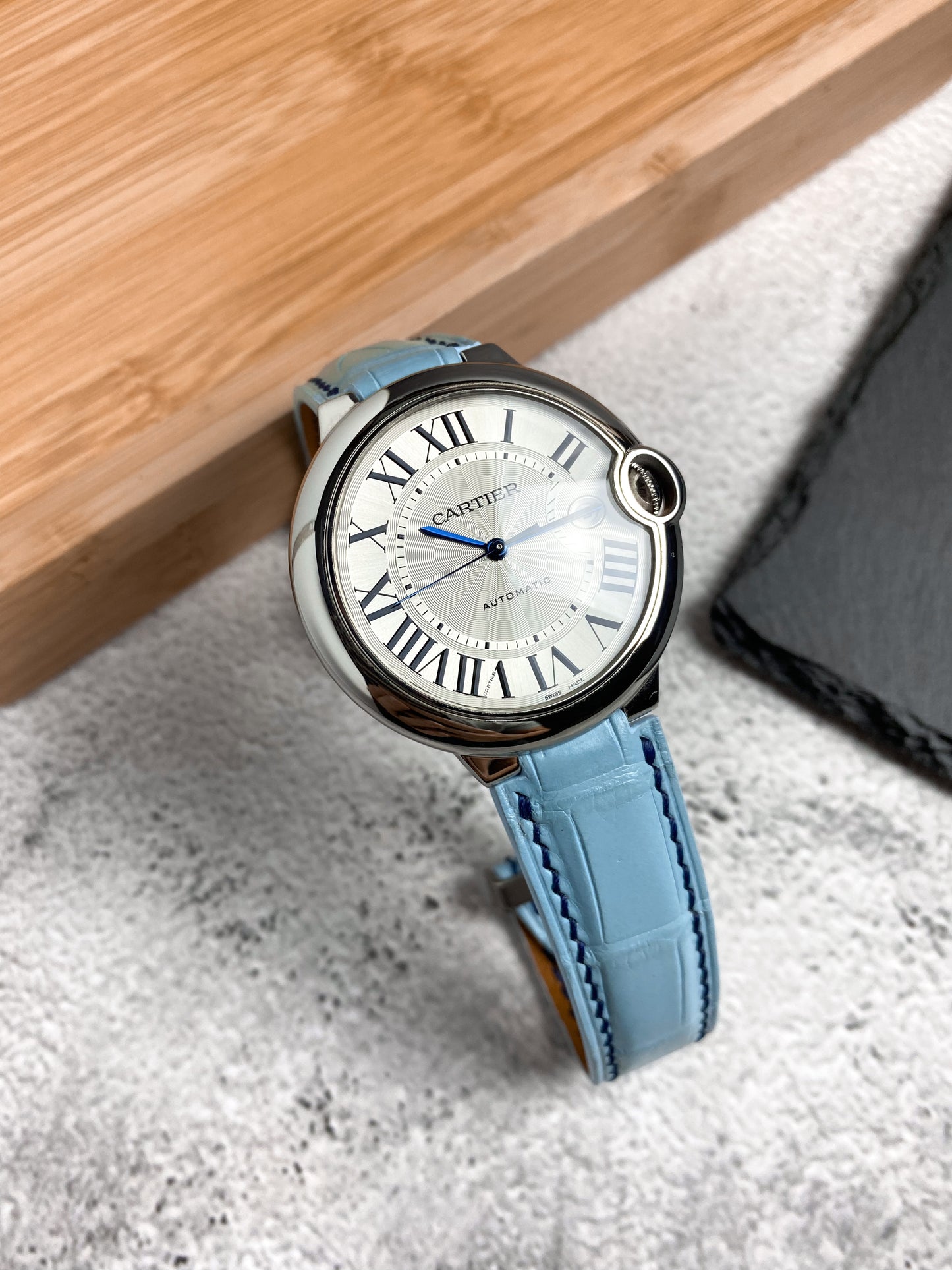 Handmade Cartier Ballon Bleu Sky Blue Alligator Leather Watch Strap